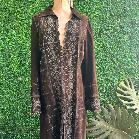 Vintage Dark Brown Leather Suede Maxi Coat with Tiffany Blue Turkey Embroidery - Picture 1 of 6